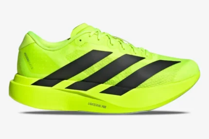 Side view of Adidas Adizero Evo SL running shoe in Lucid Lemon yellow with black stripes. - SKU JR3416