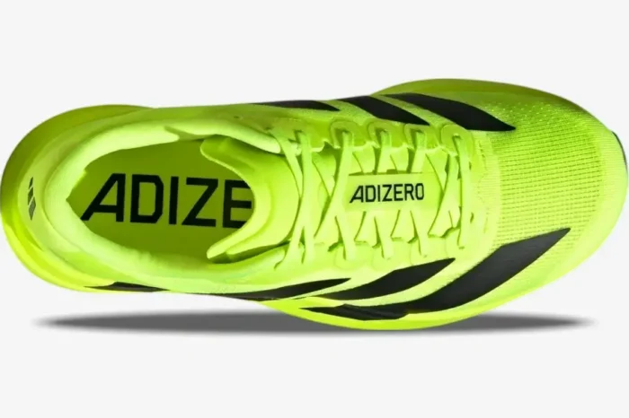 Top-down view of Adidas Adizero Evo SL running shoes in Lucid Lemon and Core Black. - SKU JR3416
