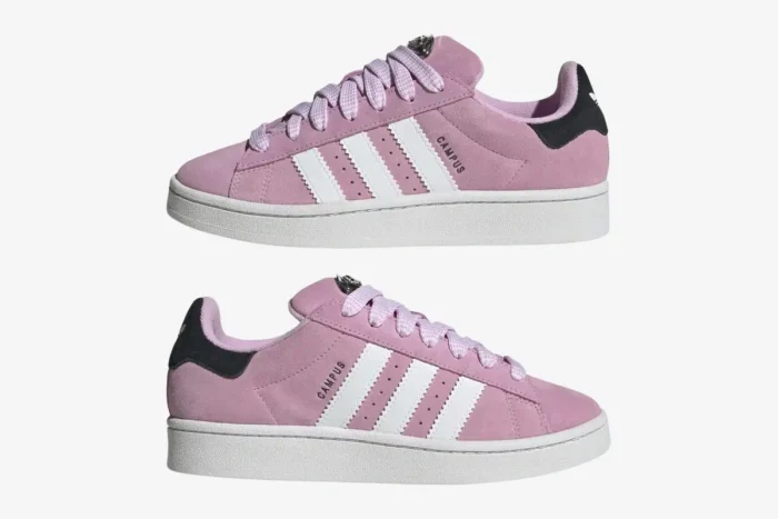Lateral side view of the left Adidas Campus 00s Bliss Lilac sneaker with white stripes and thick laces. - SKU HP6395