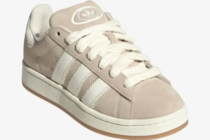 Adidas Campus 00s Wonder White and Beige suede sneakers, three-quarter front perspective. - SKU JQ5803