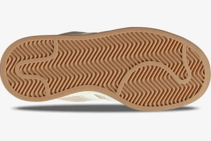 Bottom view of Adidas Campus 00s Wonder White Wonder Beige sneakers showing gum rubber outsole pattern. - SKU JQ5803