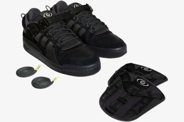 Adidas Forum Buckle Low x Bad Bunny Back To School black sneakers with extra laces and tongue covers. - SKU GW5021