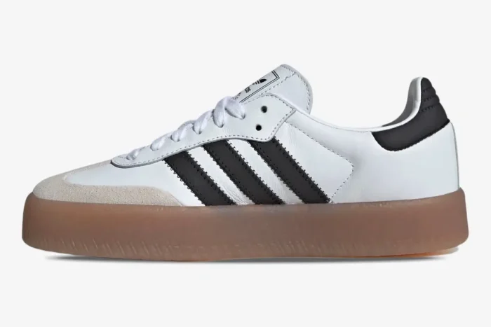 Side profile of Adidas Sambae Cloud White sneakers with black stripes and a chunky gum platform sole. - SKU JI1349