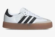 Side profile of Adidas Sambae Cloud White sneakers with black stripes and thick gum platform sole. - SKU JI1349