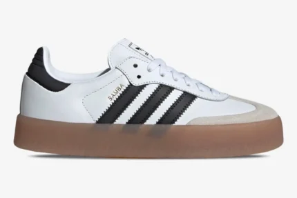 Side profile of Adidas Sambae Cloud White sneakers with black stripes and thick gum platform sole. - SKU JI1349