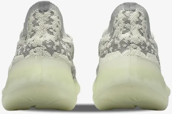 Rear view of Adidas Yeezy 380 Alien sneakers featuring a grey patterned upper and translucent off-white midsole. - SKU FV3260
