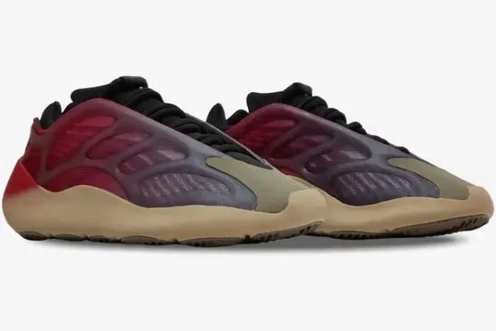 Adidas Yeezy 700 V3 Fade Carbon sneakers in a side profile view featuring a red to grey gradient and tan midsole. - SKU GW1814