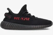 Adidas Yeezy Boost 350 V2 Black Red sneaker in a side profile view with red SPLY-350 text. - SKU CP9652