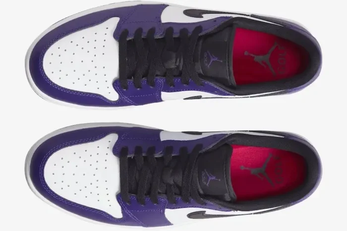 Top-down view of Air Jordan 1 Low Golf shoes in Court Purple and white with black laces. - SKU DD9315-105