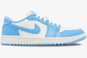 Air Jordan 1 Low Golf UNC sneaker in university blue and white, side profile view. - SKU DD9315-100