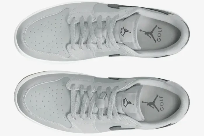 Top-down view of Air Jordan 1 Low Golf shoes in Wolf Grey featuring white midsoles and grey laces. - SKU DD9315-006