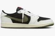 Side view of Air Jordan 1 Low x Travis Scott Olive Women's sneaker with black panels and reverse olive swoosh. - SKU DZ4137-106