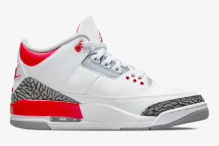 Air Jordan 3 Retro Fire Red OG sneaker in white, red, and elephant print, side profile view. - SKU DN3707-160