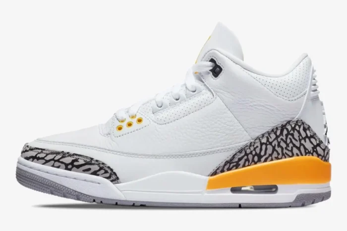 Side view of white and yellow Air Jordan 3 Retro Laser Women's sneaker with elephant print. - SKU CK9246-108