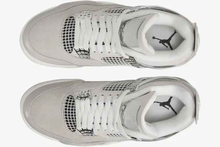 Top-down view of Air Jordan 4 Retro Frozen Moments sneakers in light grey suede with metallic silver accents. - SKU AQ9129-001