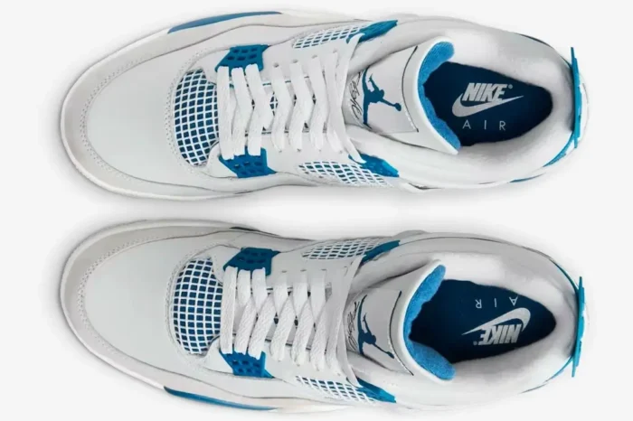 Top-down view of Air Jordan 4 Retro Industrial Blue sneakers in white and blue with white laces. - SKU FV5029-141