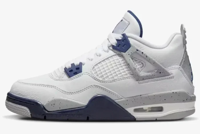 Side profile of Air Jordan 4 Retro Midnight Navy sneakers with white leather and navy accents. - SKU DH6927-140
