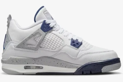 Air Jordan 4 Retro Midnight Navy sneaker in a side view featuring white leather and grey speckled details. - SKU DH6927-140