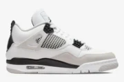 Side view of Air Jordan 4 Retro Military Black sneakers in white, black, and grey leather. - SKU DH6927-111