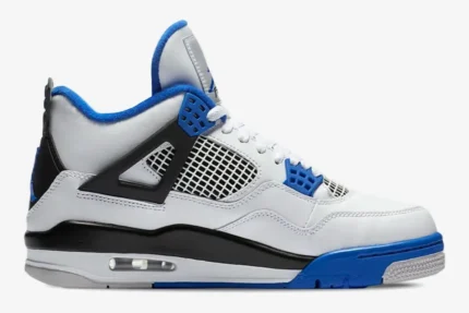 Side profile of white and blue Air Jordan 4 Retro Motorsports sneakers with black accents. - SKU 308497-117