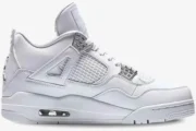 Side profile of Air Jordan 4 Retro Pure Money sneakers in white leather with metallic silver accents. - SKU 308497-100