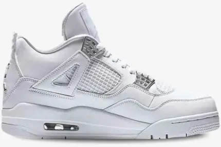 Side profile of Air Jordan 4 Retro Pure Money sneakers in white leather with metallic silver accents. - SKU 308497-100