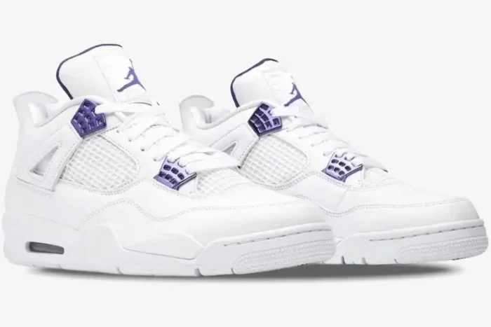 Air Jordan 4 Retro Purple Metallic sneakers in white with purple accents, three-quarter side view. - SKU CT8527-115