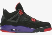 Air Jordan 4 Retro Raptors sneaker in black, purple, and red, shown in a side profile view. - SKU AQ3816-065