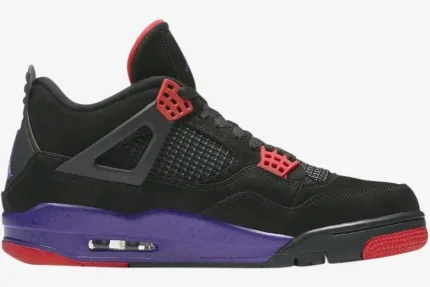 Air Jordan 4 Retro Raptors sneaker in black, purple, and red, shown in a side profile view. - SKU AQ3816-065