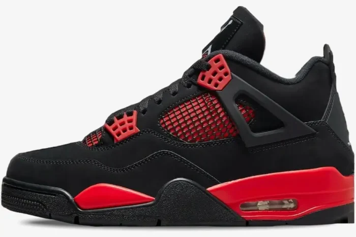 Side profile of an Air Jordan 4 Retro Red Thunder sneaker in black and crimson red. - SKU CT8527-016