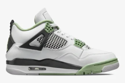 Air Jordan 4 Retro Seafoam Oil Green sneaker in a side profile view with white leather and green accents. - SKU AQ9129-103
