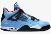 Side profile of Air Jordan 4 Retro x Travis Scott Cactus Jack in University Blue with black and red accents. - SKU 308497-406