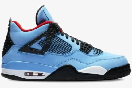 Side profile of Air Jordan 4 Retro x Travis Scott Cactus Jack in University Blue with black and red accents. - SKU 308497-406