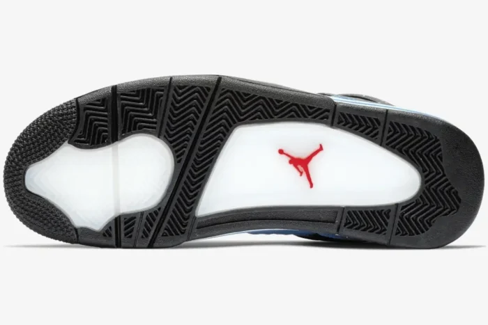 Bottom outsole view of Air Jordan 4 Retro x Travis Scott Cactus Jack in black and white with a red Jumpman logo. - SKU 308497-406