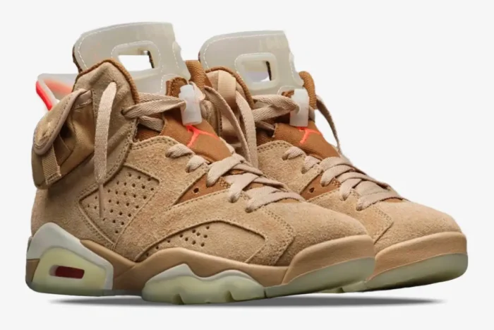 Air Jordan 6 Retro x Travis Scott British Khaki sneakers in a three-quarter side view with suede texture. - SKU DH0690-200