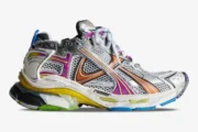 Balenciaga Runner Multicolor Distressed Silver White sneaker, side profile view on white background. - SKU 772774W3RMU8123