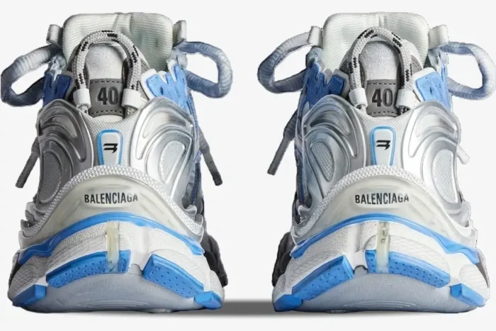 Back view of Balenciaga Runner Sneakers in blue, white, and grey with a distressed finish and size 40 tag. - SKU 677403W3RB14912