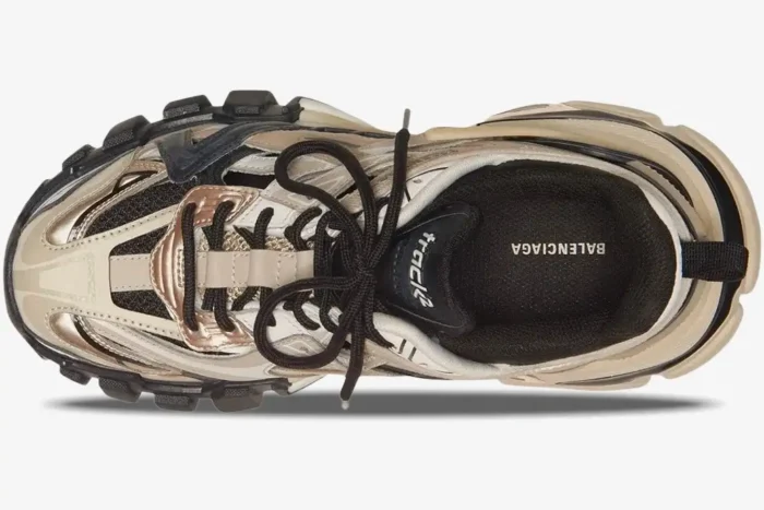 Top-down view of Balenciaga Track 2.0 sneakers in beige, black, and silver with black laces. - SKU 568614W2GN39170