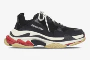 Side profile view of Balenciaga Triple S sneakers in black, white, and red with chunky soles. - SKU 533882W09OM1000