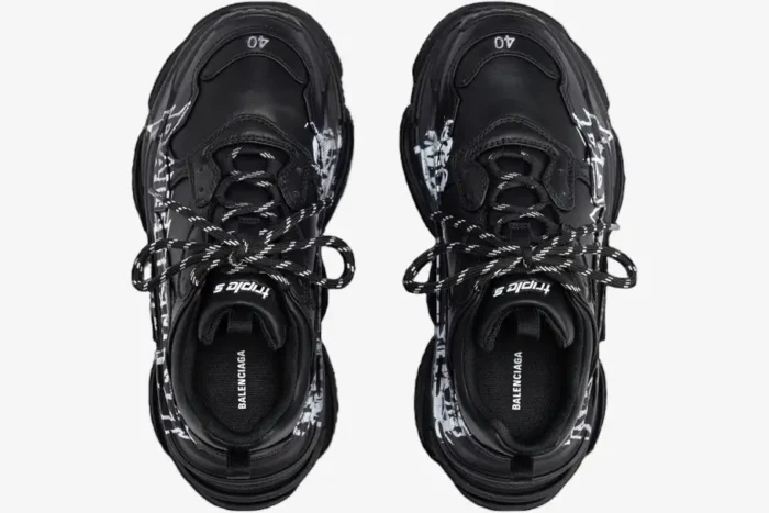 Top-down view of Balenciaga Triple S DIY Metal Artwork sneakers in black with white graphic prints. - SKU 536737W2FAY1090