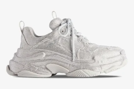 Balenciaga Triple S Rhinestone Silver White sneaker shown from a side profile view against a white background. - SKU 524039W2TST1100