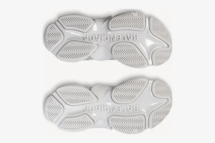 Bottom view of Balenciaga Triple S Rhinestone Silver White sneakers showing the chunky white soles. - SKU 524039W2TST1100