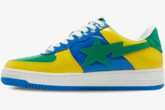 Side view of A Bathing Ape Bapesta M1 'Brazil' sneaker in green, yellow, and blue patent leather. - SKU 1I80191004-BLXYE