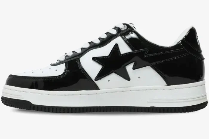 A Bathing Ape Bape Sta Low sneaker in black and white patent leather, side profile view. - SKU 1H70191001-BLK
