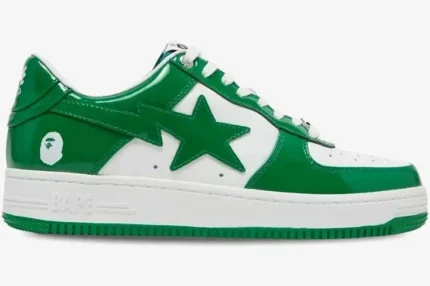 A Bathing Ape Bape Sta Low sneaker in green patent leather and white, shown from a side profile view. - SKU 1H70191001-GRA