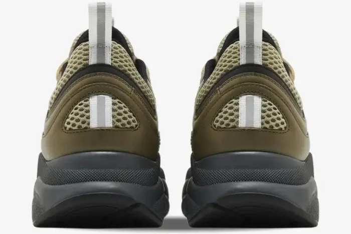 Rear view of Dior B22 Khaki Black Calfskin luxury chunky sneakers with mesh and leather details. - SKU 3SN231ZHM_H630