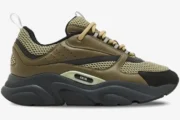 Dior B22 chunky sneaker in khaki and black calfskin, side profile view on white background. - SKU 3SN231ZHM_H630