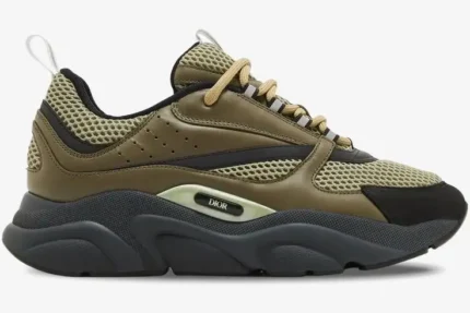 Dior B22 chunky sneaker in khaki and black calfskin, side profile view on white background. - SKU 3SN231ZHM_H630