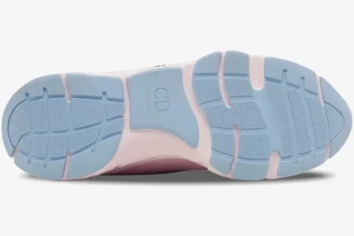 Bottom sole view of Dior B22 Light Pink Grey sneakers with light blue and pink tread. - SKU 3SN231ZRY_H400