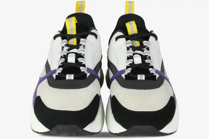 Front view of Dior B22 'Violet White' chunky sneakers featuring white mesh, black suede, and purple accents. - SKU 3SN231YKA_H065